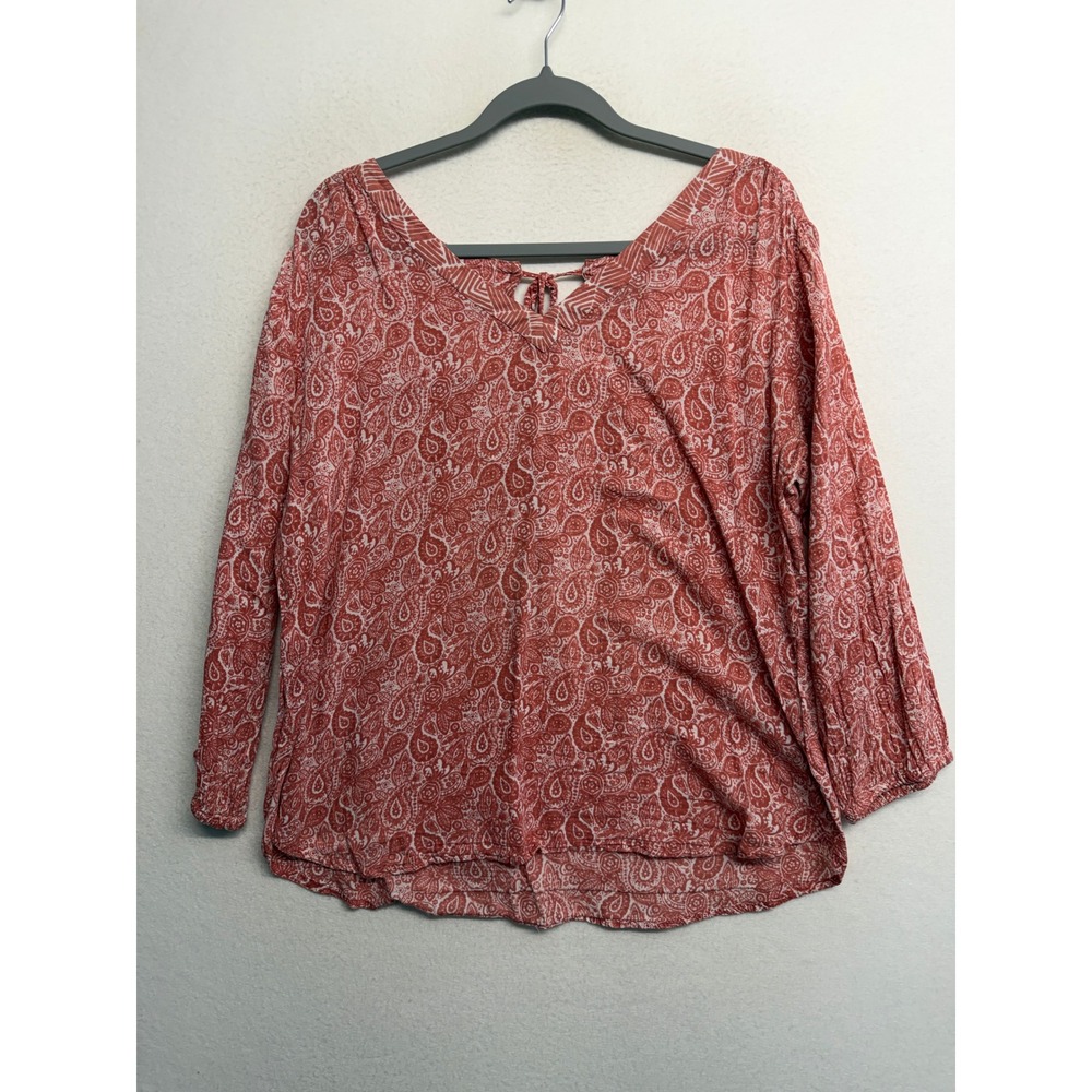World Market Womens Paisley Print Tassel Tie V-Neck Cotton Blouse Red L/XL